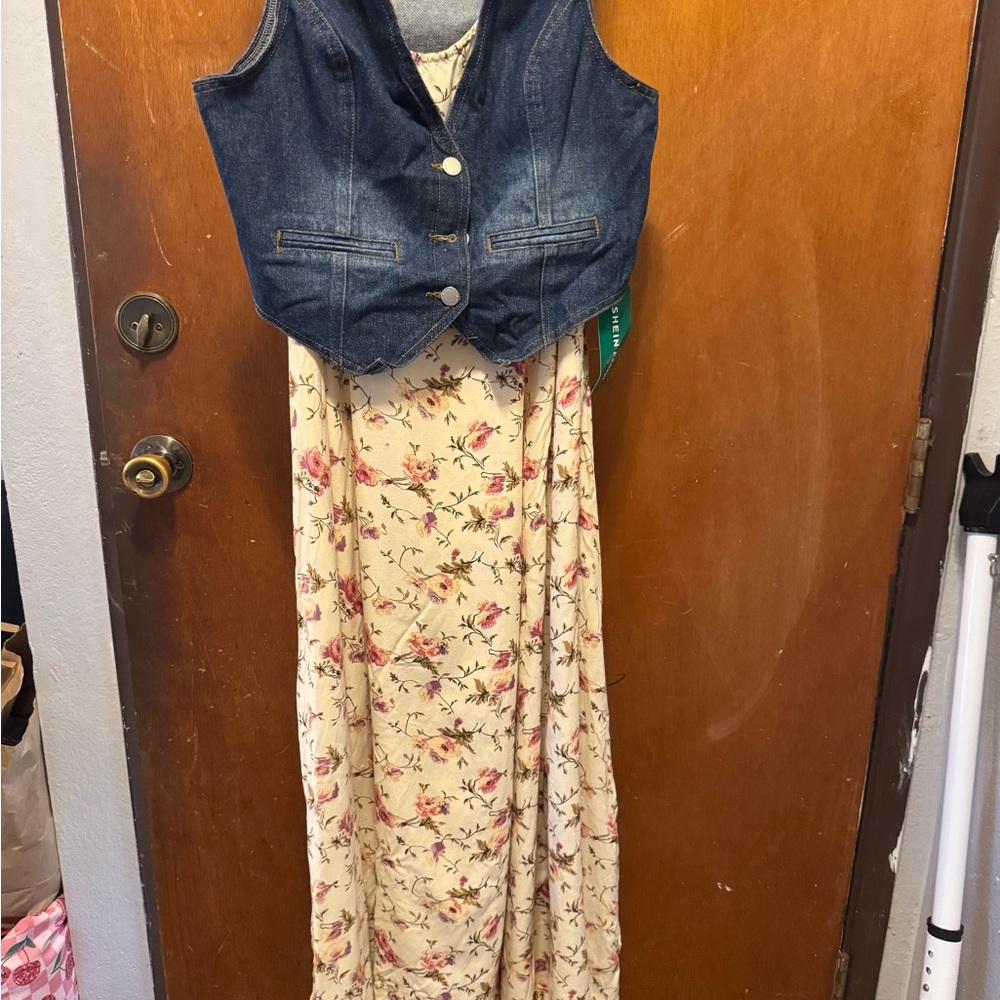 Floral Maxi Dress with Denim Vest